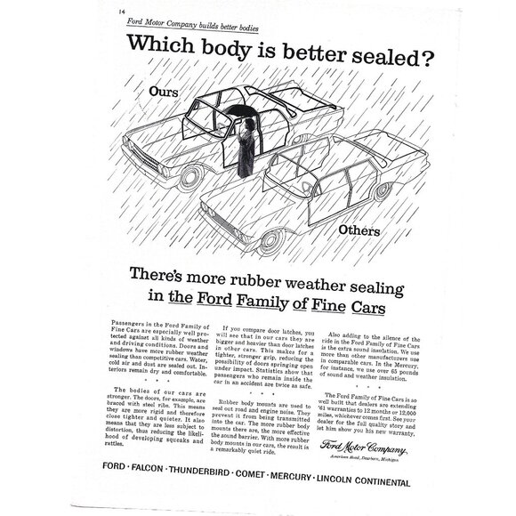 Vintage Ford Ad Print Extra Rubber Weather Sealing Ford Family Fine Cars 1960 - Picture 1 of 2